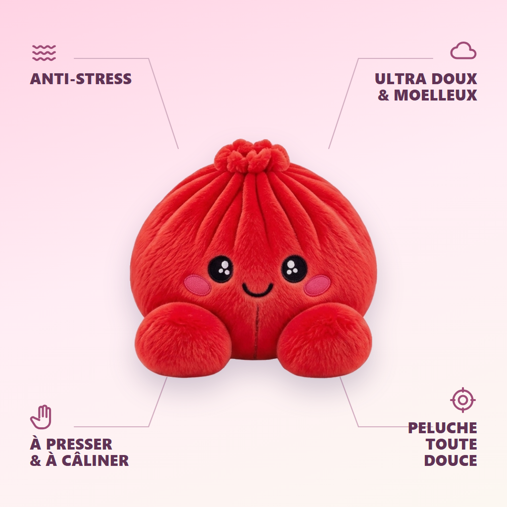 Squishy Dumpling Rouge Rubis Peluche — anti-stress, ultra doux, effet slow-rise