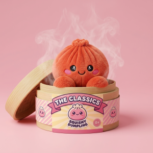 Squishy Dumpling Rouge Rubis Peluche dans sa boîte panier vapeur façon bambou