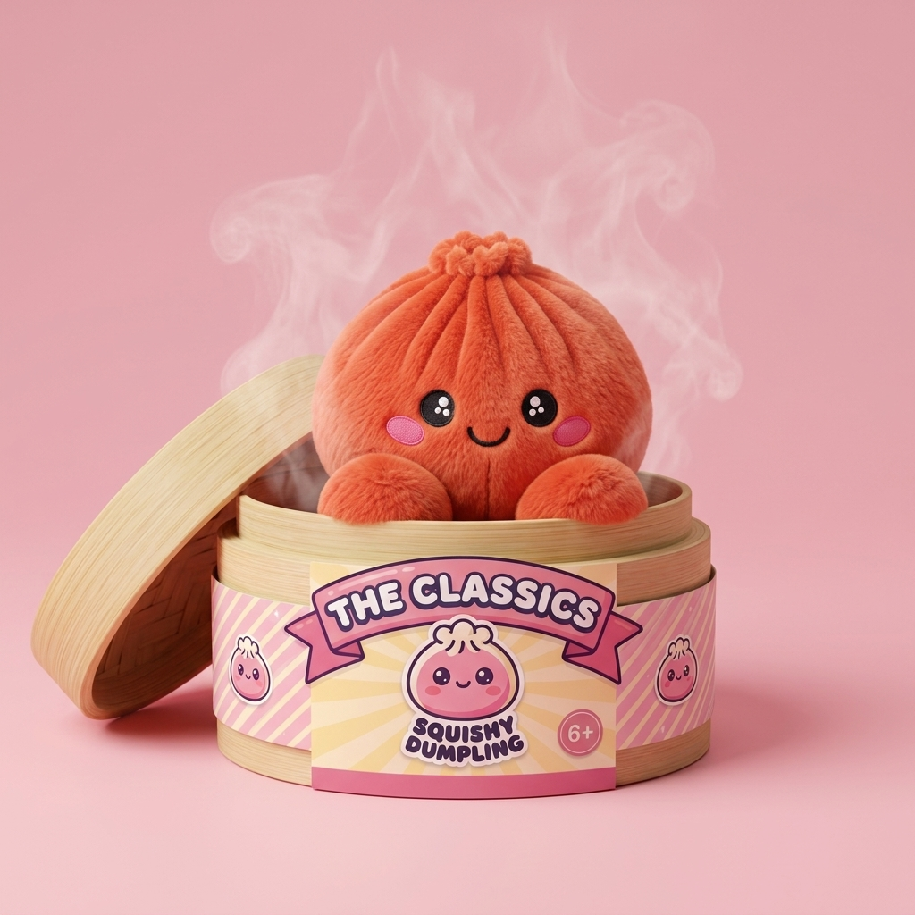 Squishy Dumpling Rouge Rubis Peluche dans sa boîte panier vapeur façon bambou