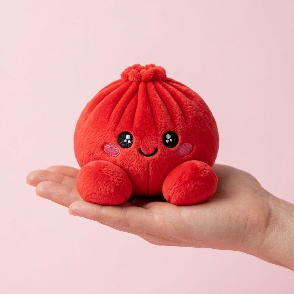 Squishy Dumpling Rouge Rubis Peluche tenu en main, taille réelle