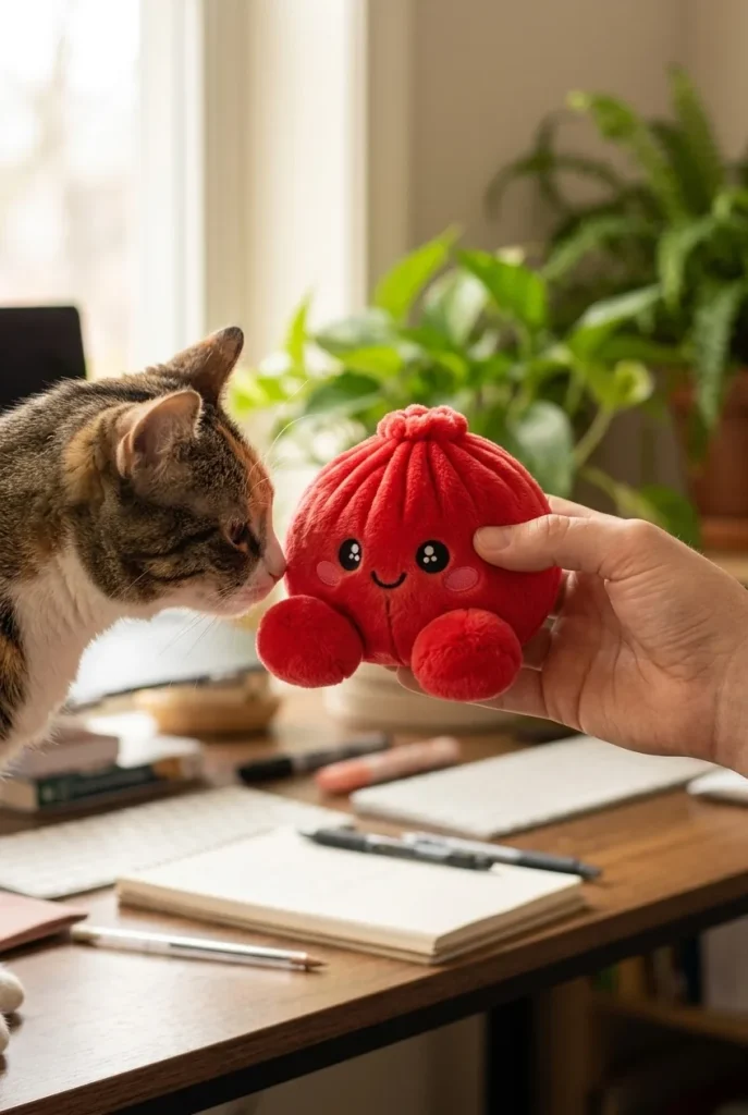 Squishy Dumpling Rouge Rubis Peluche tenu près d'un animal de compagnie curieux