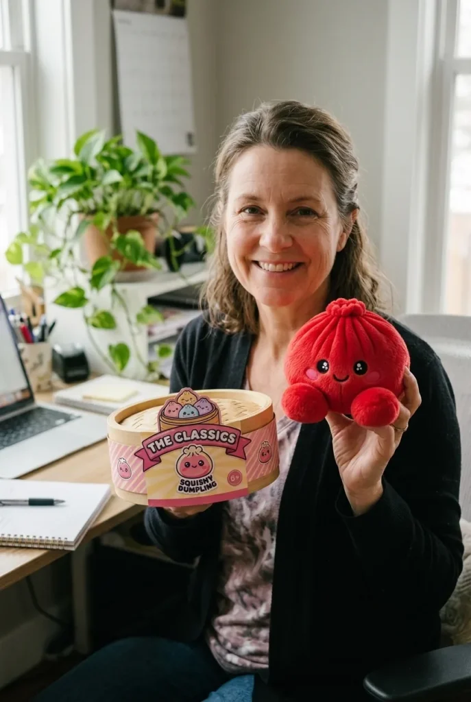 Squishy Dumpling Rouge Rubis Peluche présenté avec sa boîte panier vapeur — photo client