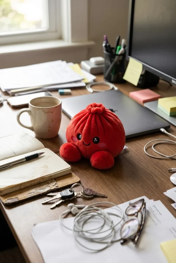 Squishy Dumpling Rouge Rubis Peluche posé sur un bureau, dans le quotidien