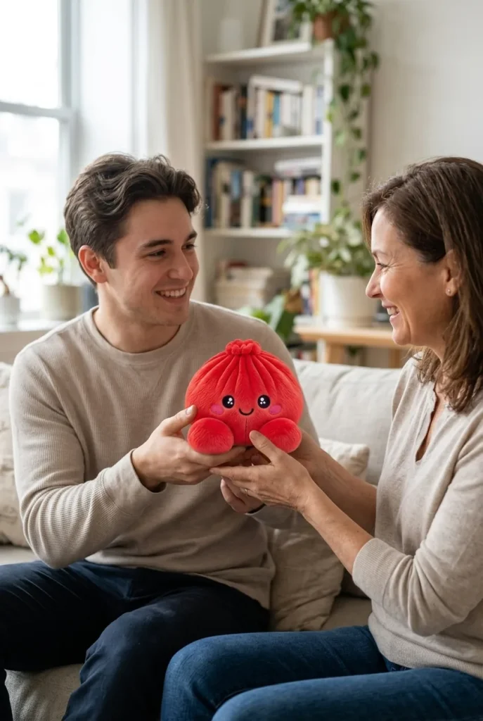 Squishy Dumpling Rouge Rubis Peluche offert en cadeau entre deux personnes