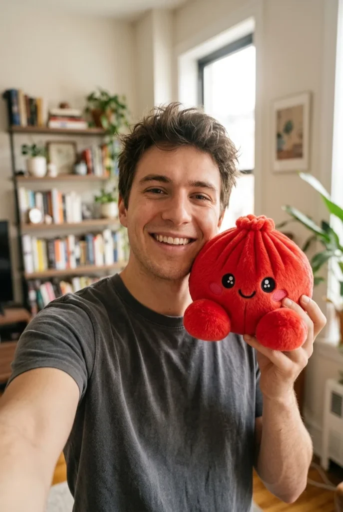Squishy Dumpling Rouge Rubis Peluche tenu près du visage — photo client