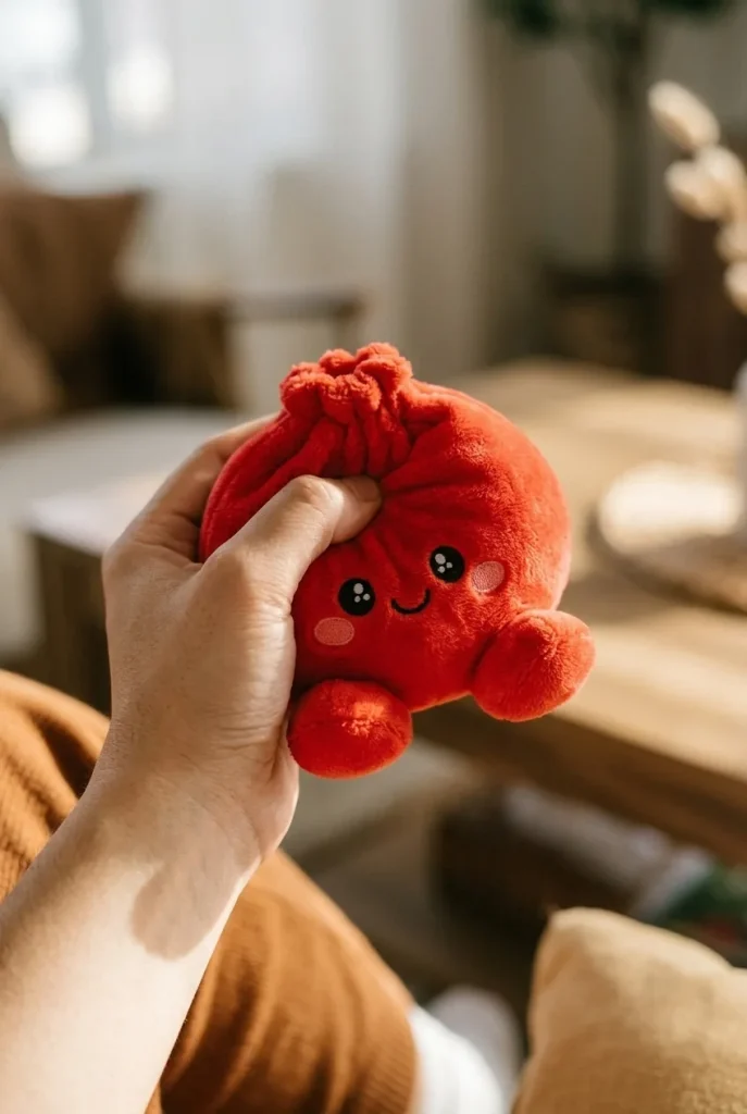 Squishy Dumpling Rouge Rubis Peluche pressé dans la main — effet squishy slow-rise