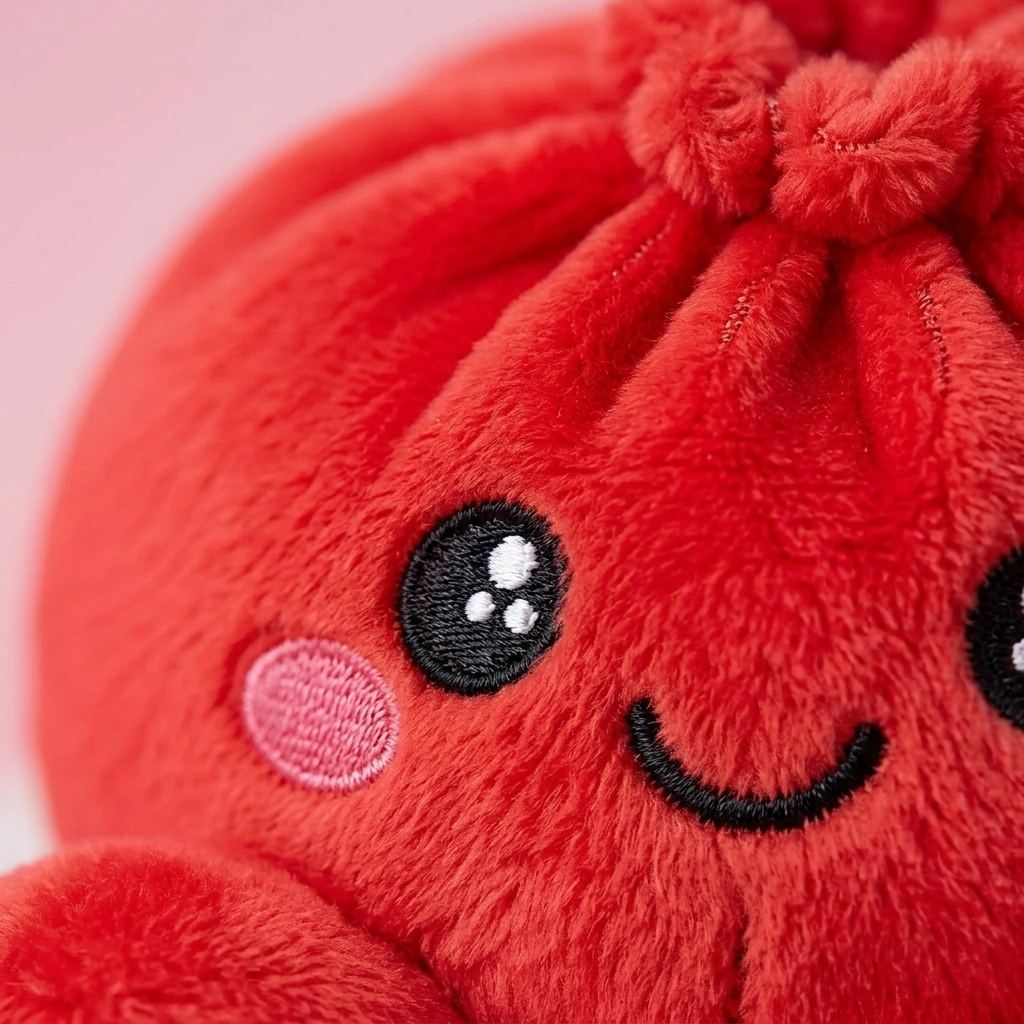 Squishy Dumpling Rouge Rubis Peluche — gros plan macro sur la texture