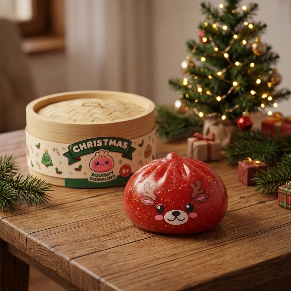 Squishy Dumpling Renne Rouge Glitter en ambiance sur un bureau