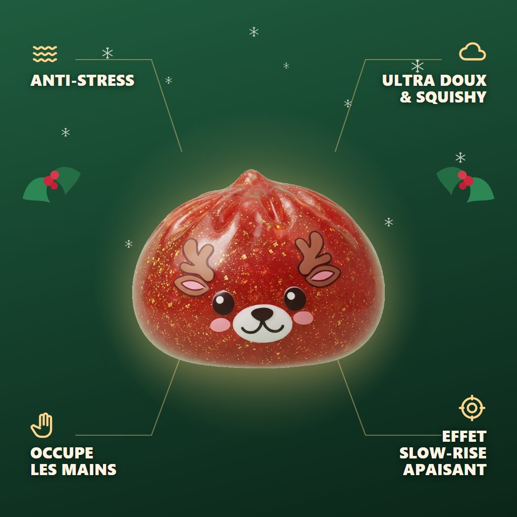 Squishy Dumpling Renne Rouge Glitter — anti-stress, ultra doux, effet slow-rise