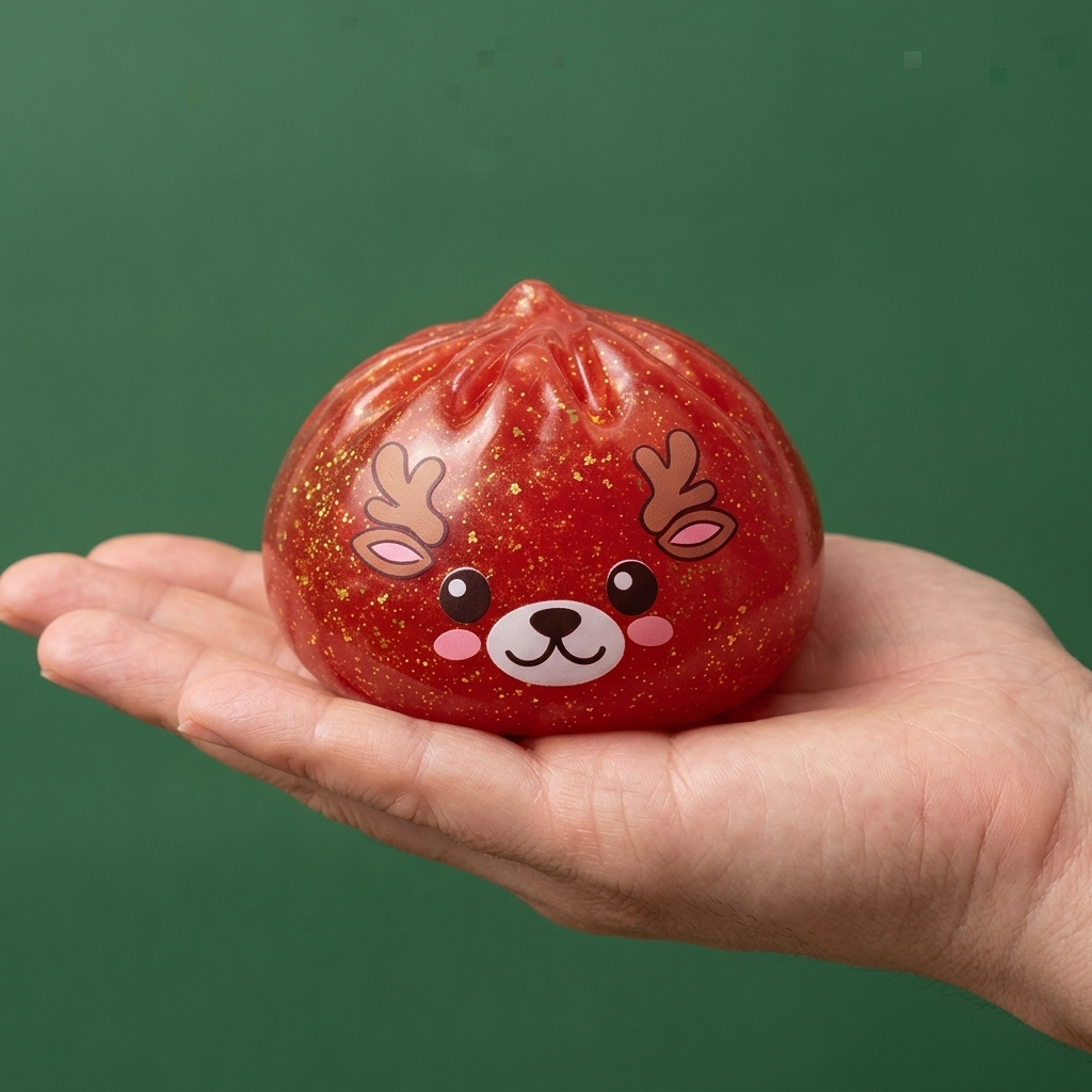 Squishy Dumpling Renne Rouge Glitter tenu en main, taille réelle