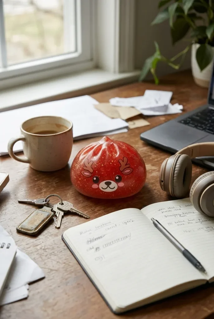 Squishy Dumpling Renne Rouge Glitter posé sur un bureau, dans le quotidien