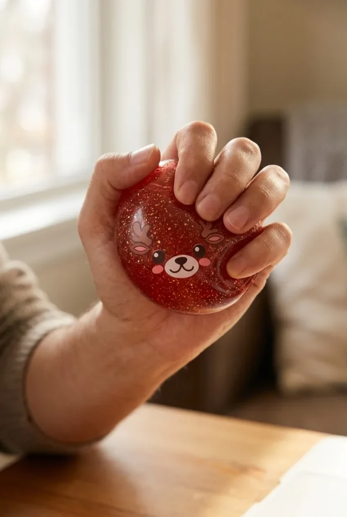 Squishy Dumpling Renne Rouge Glitter pressé dans la main — effet squishy slow-rise