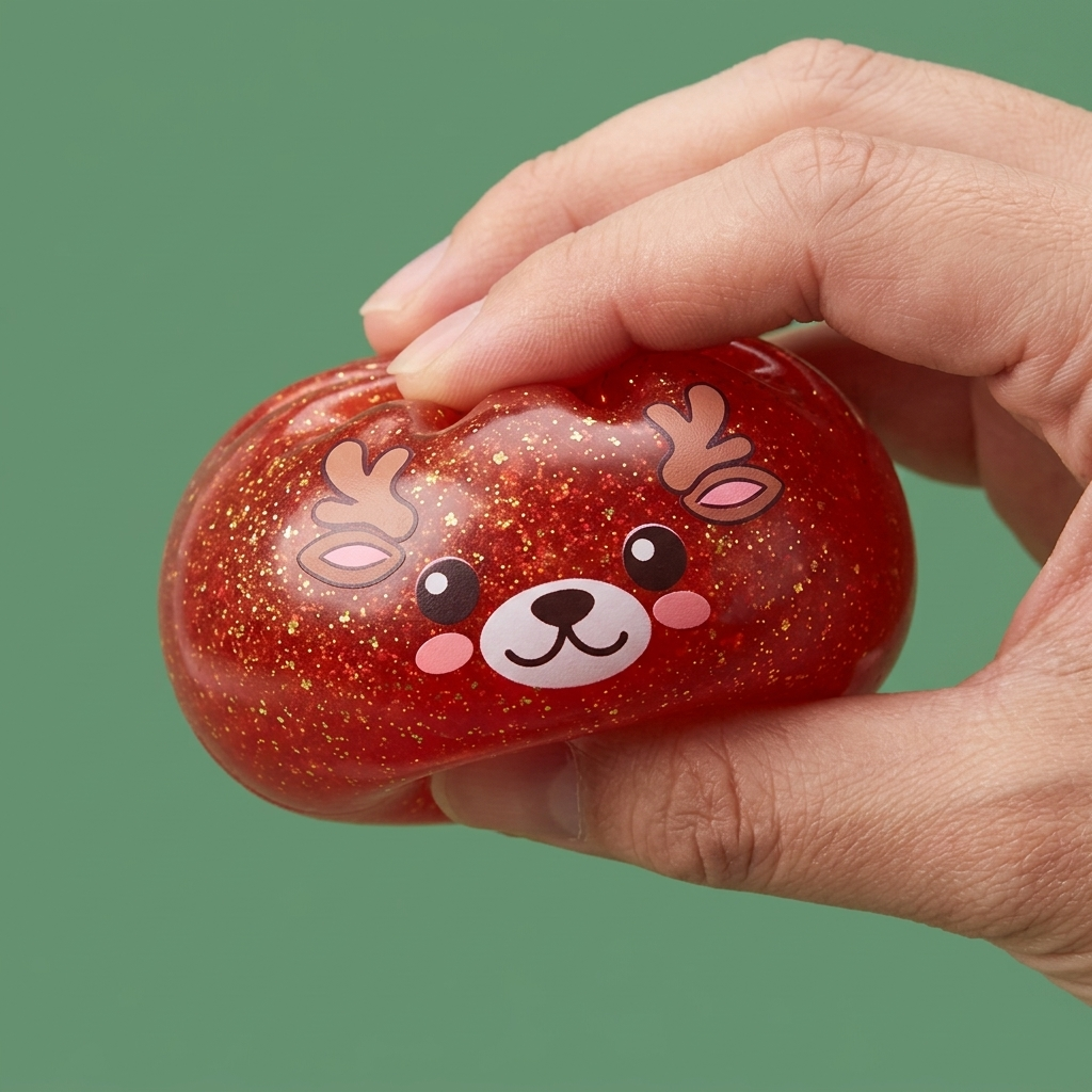 Squishy Dumpling Renne Rouge Glitter pressé dans la main, matière squishy