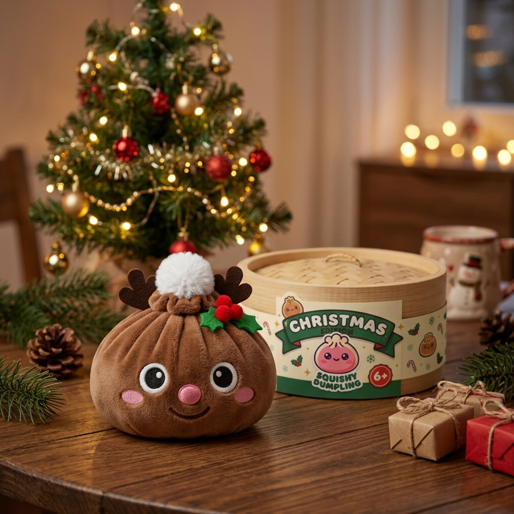 Dumpling Squishy Renne de Noël en ambiance sur un bureau