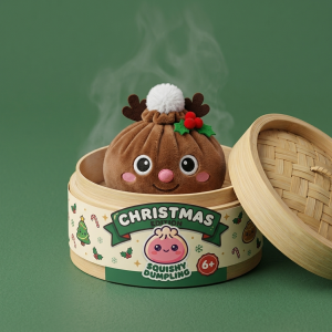 Dumpling Squishy Renne de Noël dans sa boîte panier vapeur façon bambou