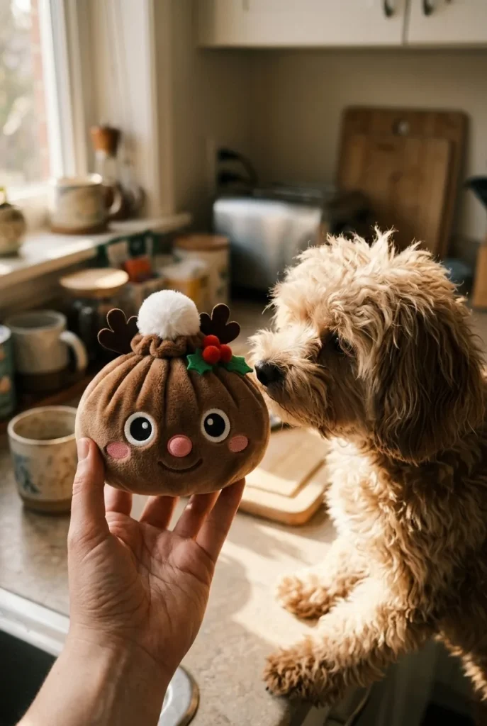 Dumpling Squishy Renne de Noël tenu près d'un animal de compagnie curieux