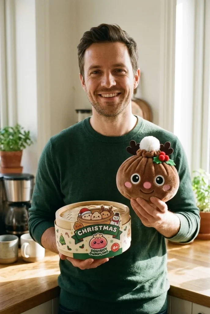 Dumpling Squishy Renne de Noël présenté avec sa boîte panier vapeur — photo client