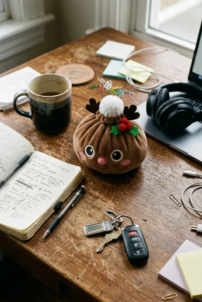 Dumpling Squishy Renne de Noël posé sur un bureau, dans le quotidien