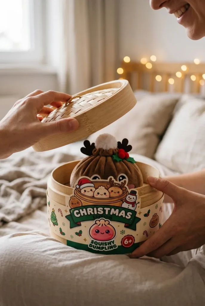 Déballage du Dumpling Squishy Renne de Noël — la boîte panier vapeur s'ouvre
