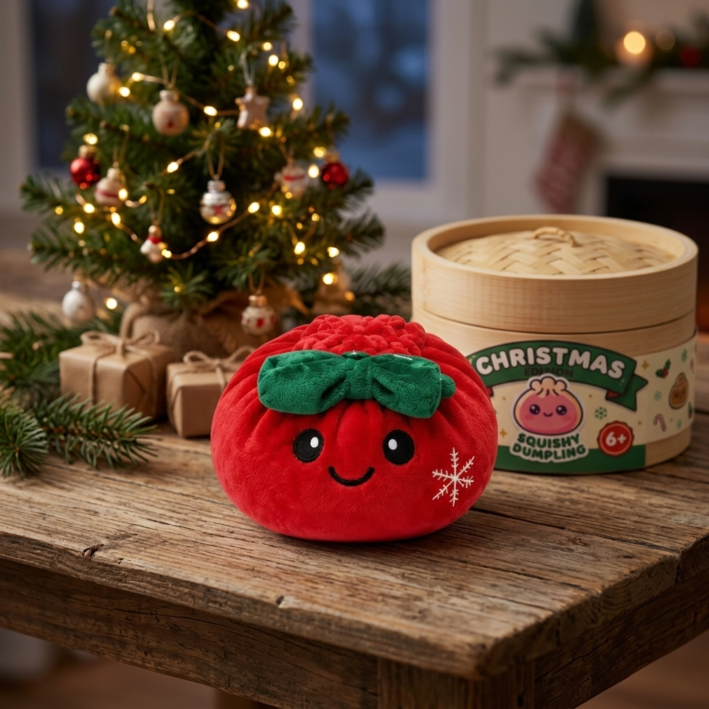 Squishy Dumpling Ruban Festif Rouge en ambiance sur un bureau