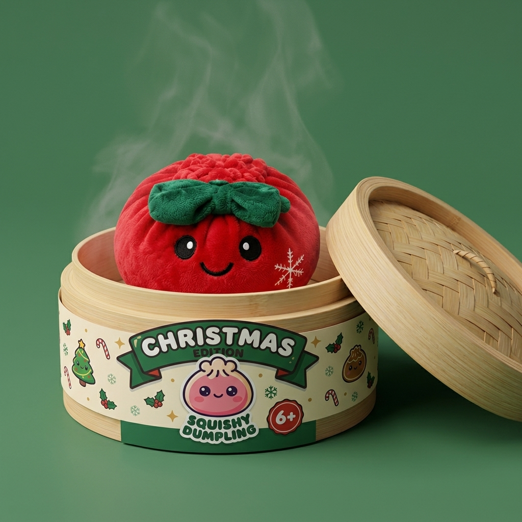 Squishy Dumpling Ruban Festif Rouge dans sa boîte panier vapeur façon bambou
