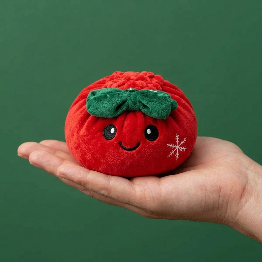 Squishy Dumpling Ruban Festif Rouge tenu en main, taille réelle