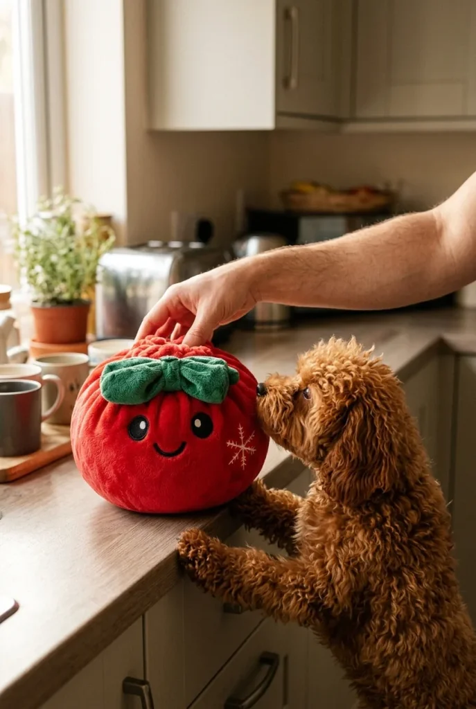 Squishy Dumpling Ruban Festif Rouge tenu près d'un animal de compagnie curieux