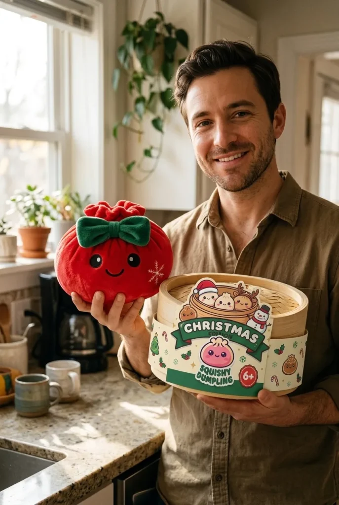 Squishy Dumpling Ruban Festif Rouge présenté avec sa boîte panier vapeur — photo client