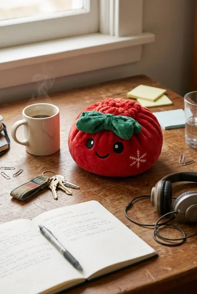 Squishy Dumpling Ruban Festif Rouge posé sur un bureau, dans le quotidien