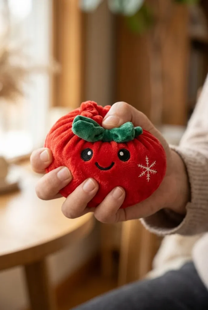 Squishy Dumpling Ruban Festif Rouge pressé dans la main — effet squishy slow-rise