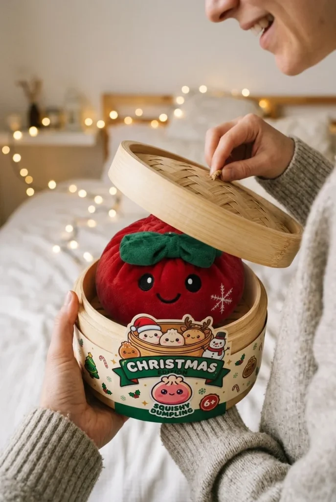 Déballage du Squishy Dumpling Ruban Festif Rouge — la boîte panier vapeur s'ouvre