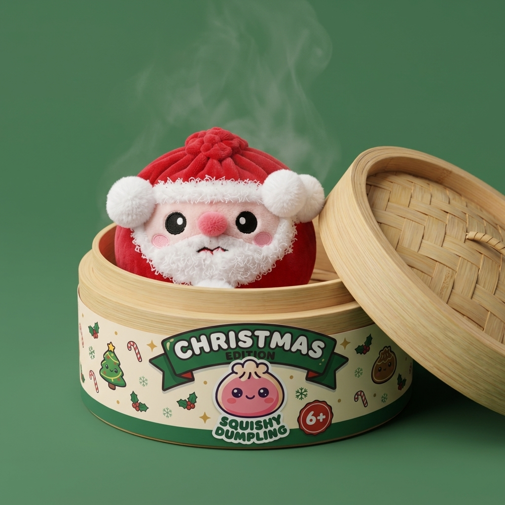 Squishy Dumpling Père Noël dans sa boîte panier vapeur façon bambou
