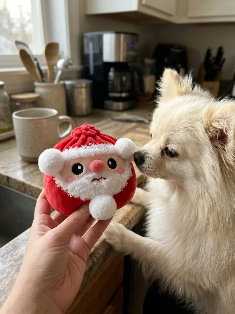 Squishy Dumpling Père Noël tenu près d'un animal de compagnie curieux