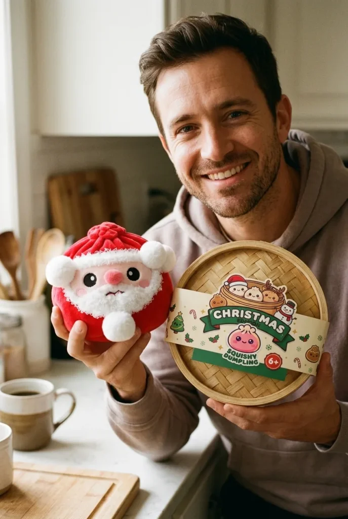 Squishy Dumpling Père Noël présenté avec sa boîte panier vapeur — photo client