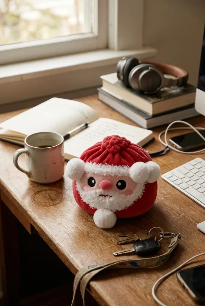 Squishy Dumpling Père Noël posé sur un bureau, dans le quotidien