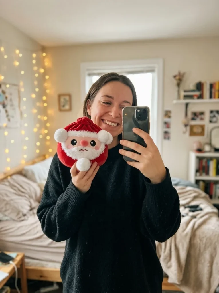 Squishy Dumpling Père Noël tenu près du visage — photo client