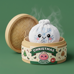Dumpling Squishy Flocon de Neige Hiver dans sa boîte panier vapeur façon bambou