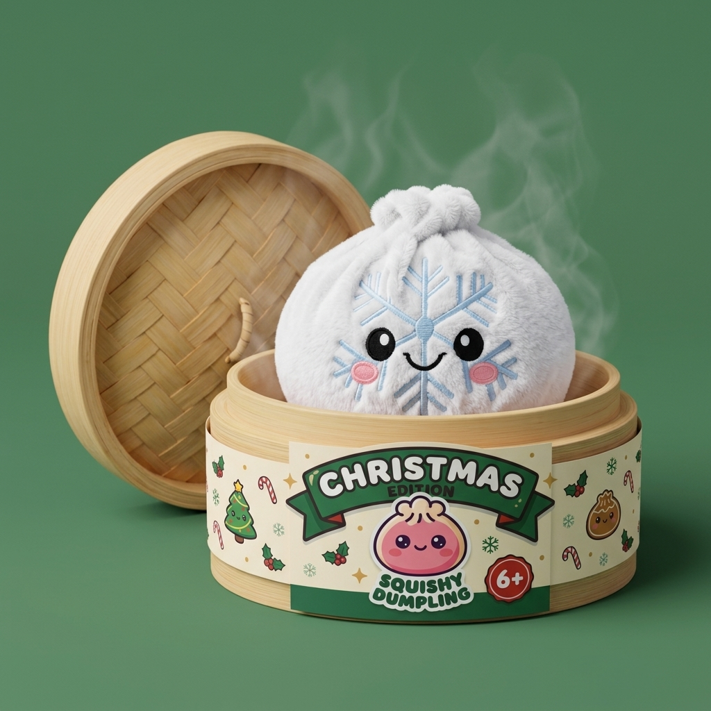 Dumpling Squishy Flocon de Neige Hiver dans sa boîte panier vapeur façon bambou