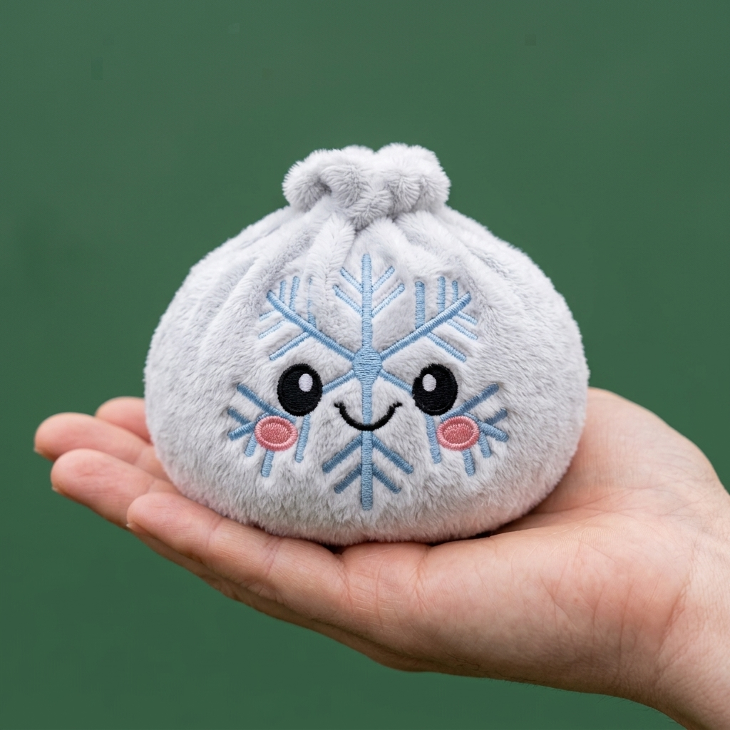 Dumpling Squishy Flocon de Neige Hiver tenu en main, taille réelle