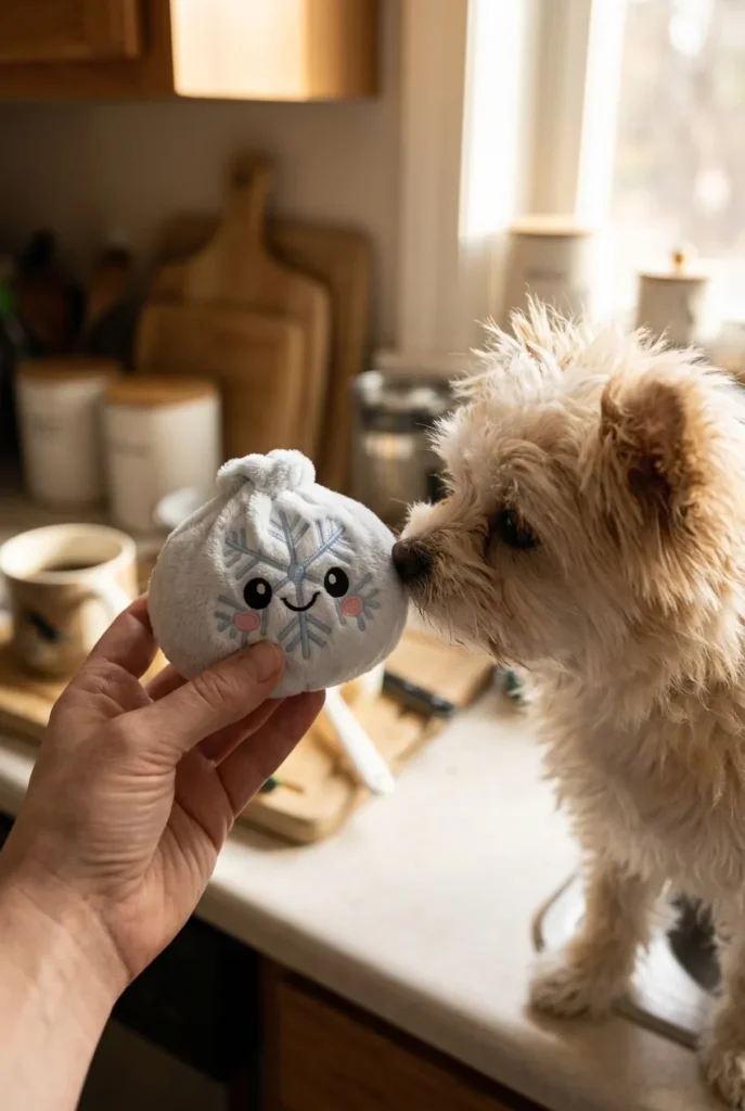 Dumpling Squishy Flocon de Neige Hiver tenu près d'un animal de compagnie curieux