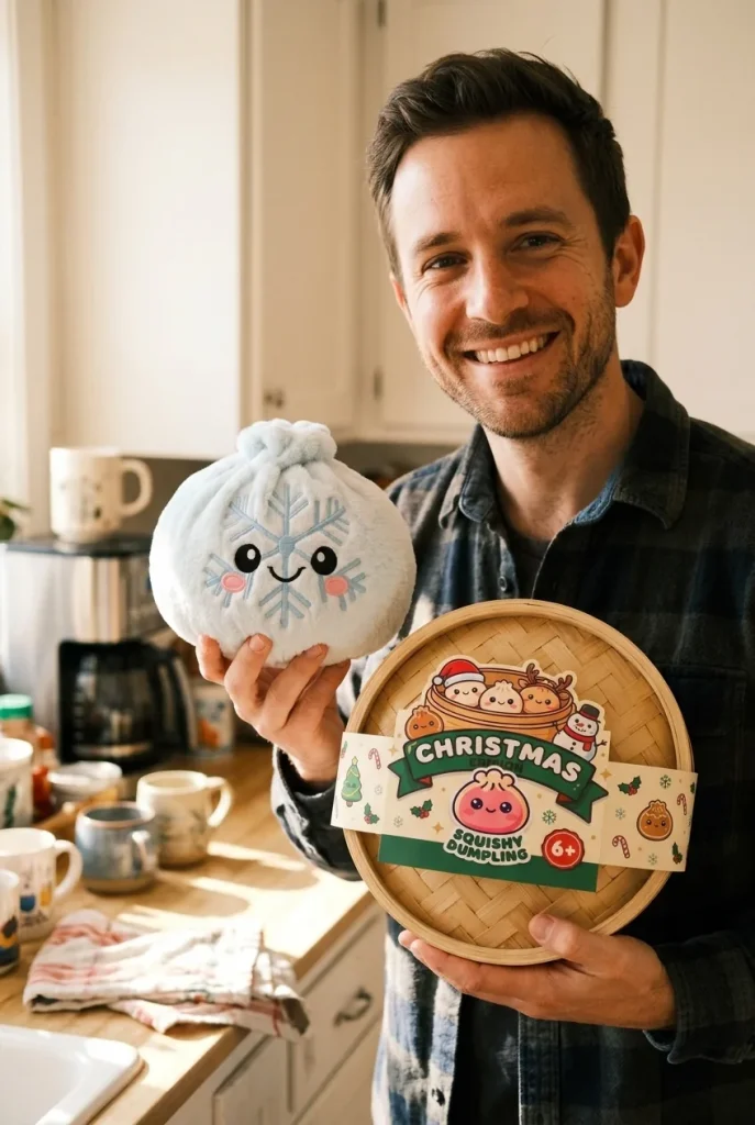 Dumpling Squishy Flocon de Neige Hiver présenté avec sa boîte panier vapeur — photo client