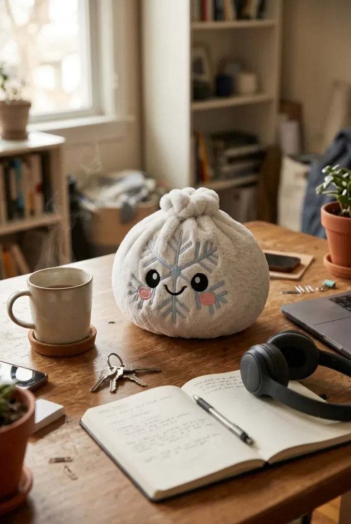 Dumpling Squishy Flocon de Neige Hiver posé sur un bureau, dans le quotidien
