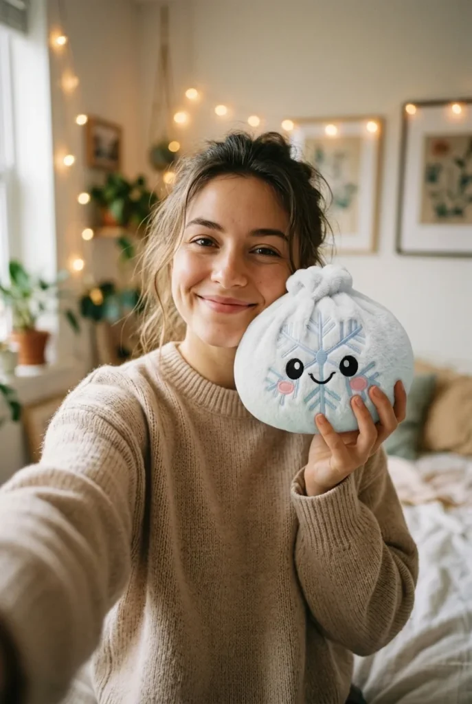 Dumpling Squishy Flocon de Neige Hiver tenu près du visage — photo client