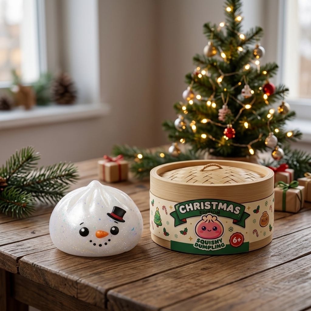 Squishy Dumpling Bonhomme de Neige Glitter en ambiance sur un bureau