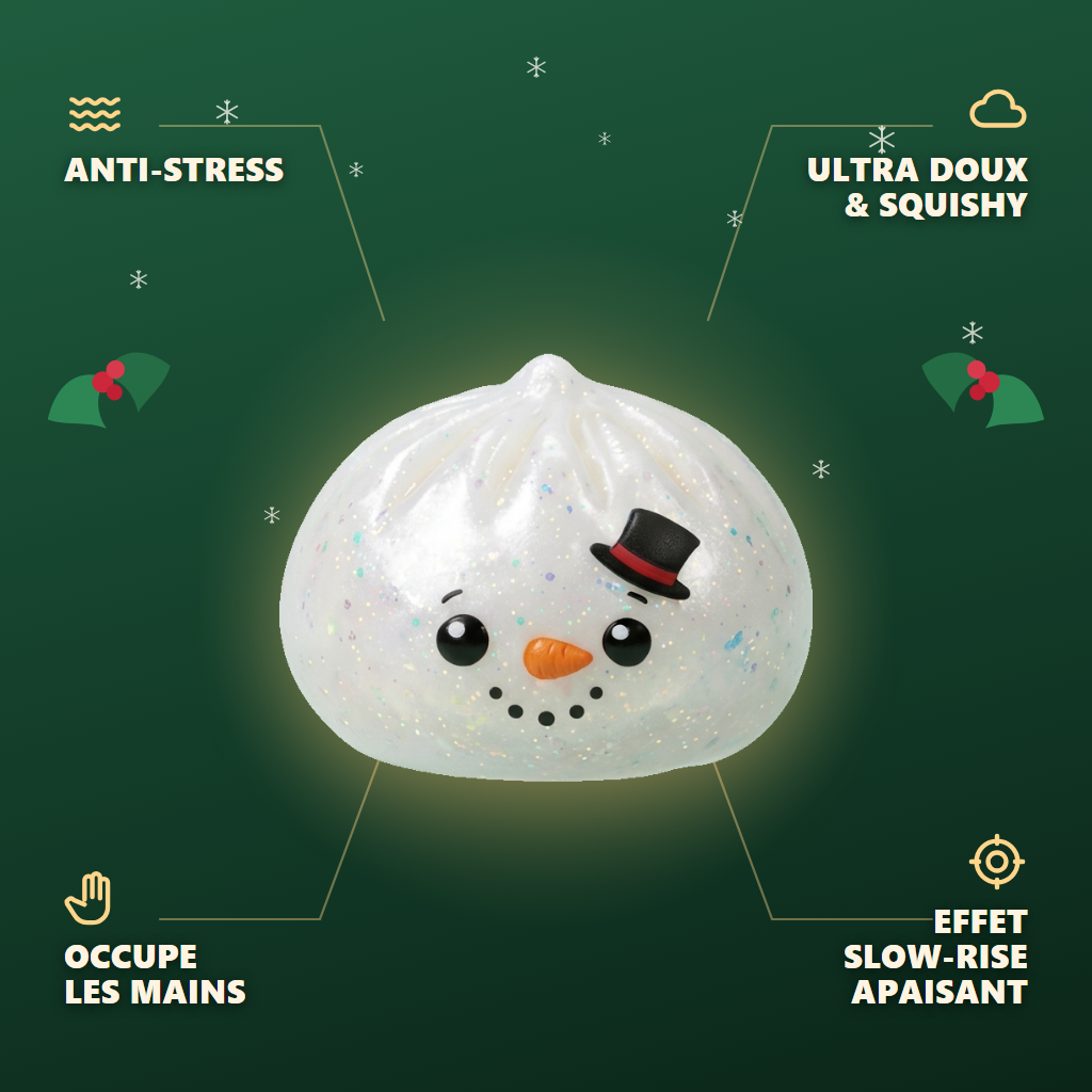 Squishy Dumpling Bonhomme de Neige Glitter — anti-stress, ultra doux, effet slow-rise