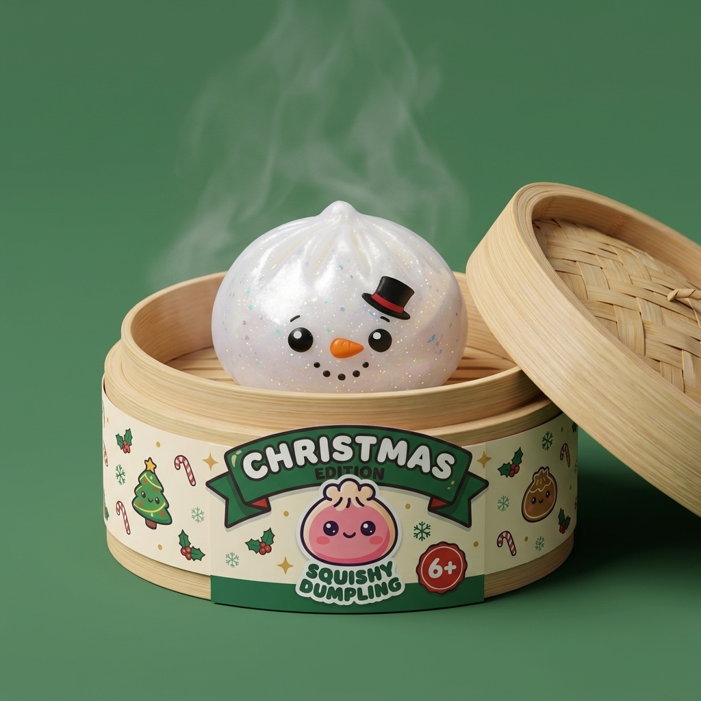 Squishy Dumpling Bonhomme de Neige Glitter dans sa boîte panier vapeur façon bambou