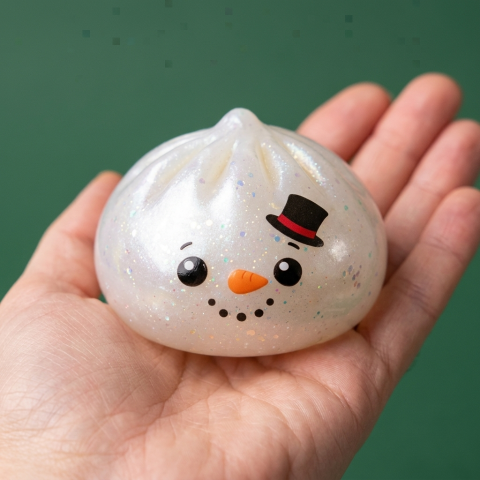 Squishy Dumpling Bonhomme de Neige Glitter tenu en main, taille réelle
