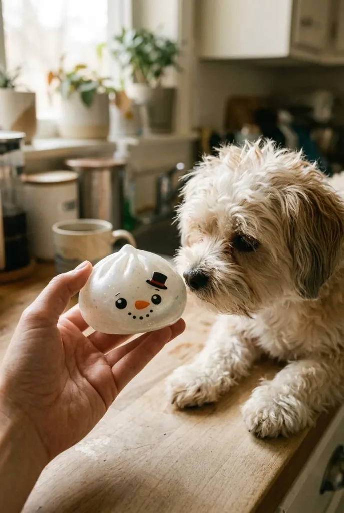 Squishy Dumpling Bonhomme de Neige Glitter tenu près d'un animal de compagnie curieux