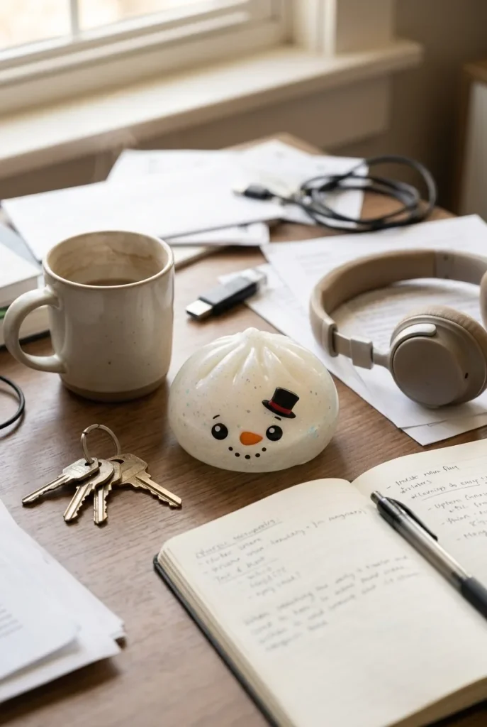 Squishy Dumpling Bonhomme de Neige Glitter posé sur un bureau, dans le quotidien