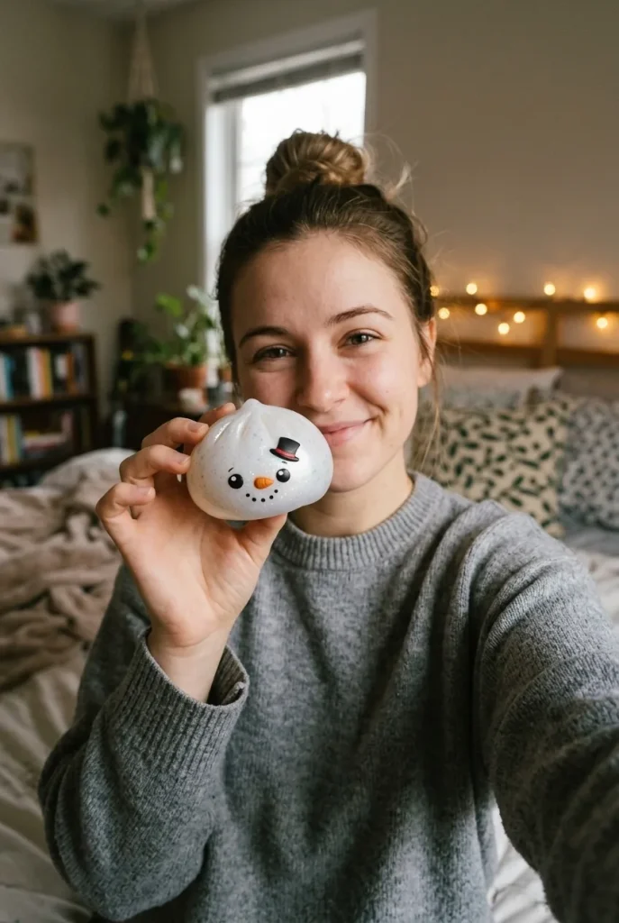 Squishy Dumpling Bonhomme de Neige Glitter tenu près du visage — photo client